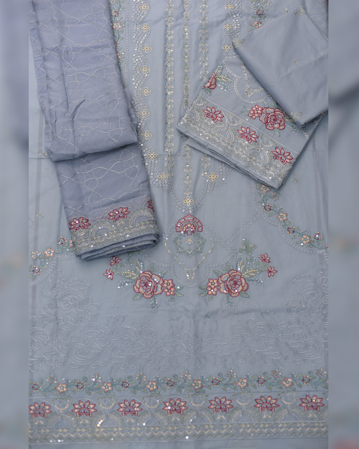 3-PC Unstitched Embroidered Shirt Bamber Crinkle Embroidered Dupatta | BA-5