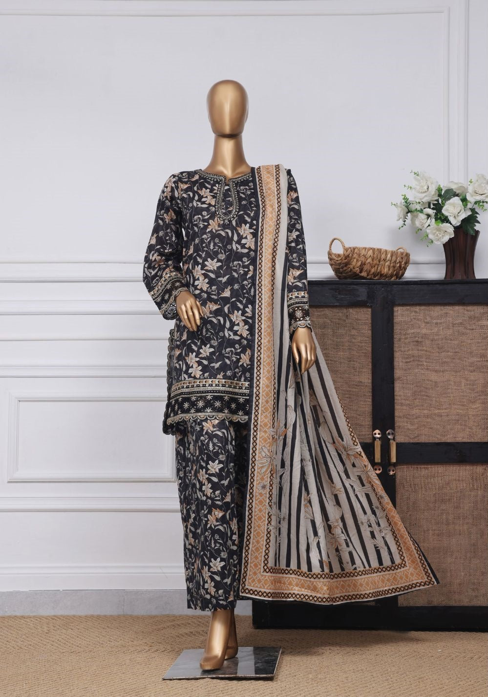 3-PC Stitched Embroidered Lawn Malika By sadabahar | D-06 Black