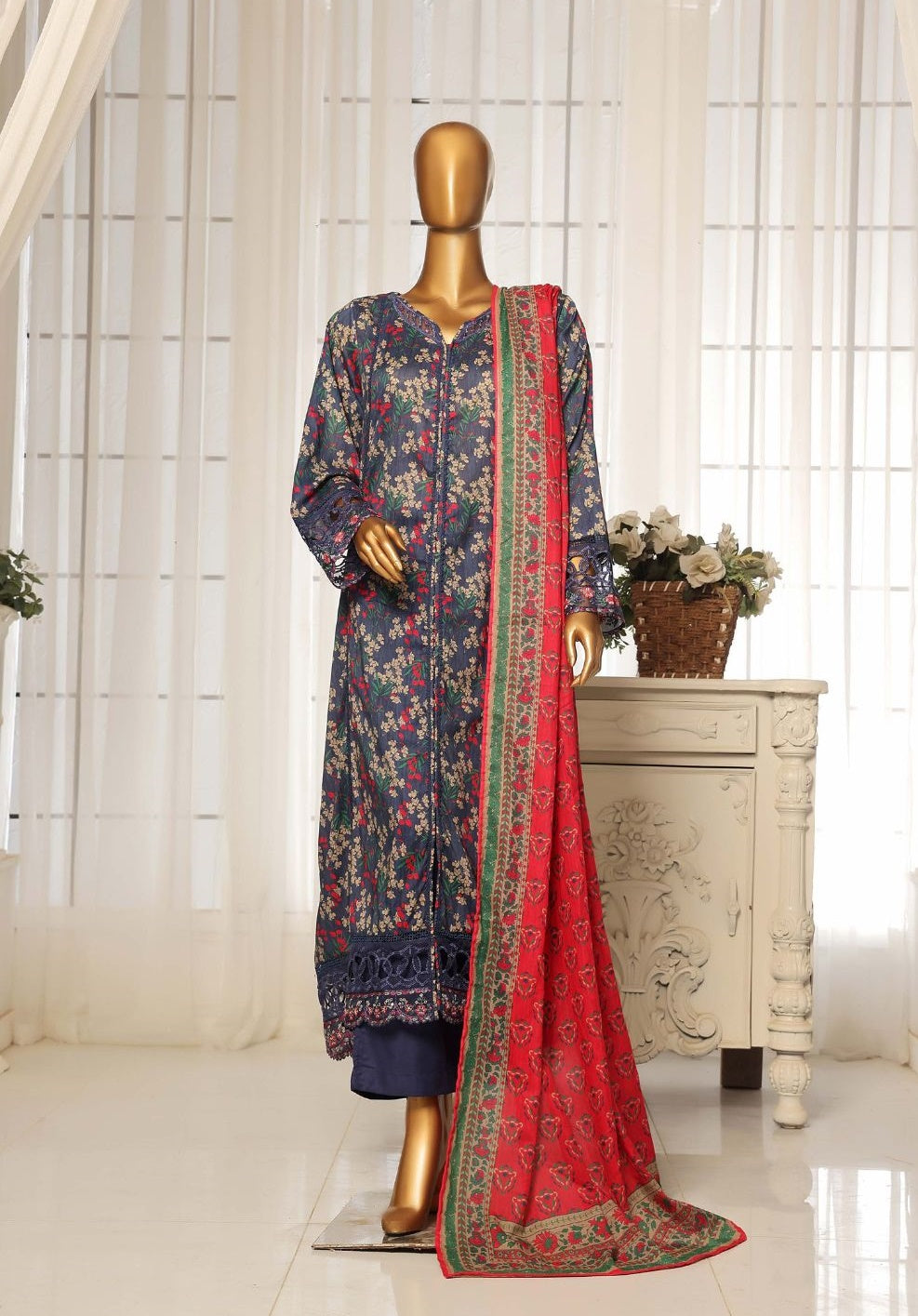 Stitched 3-PC Festive Embroidered Lawn Collection By SADABAHAR - D-07