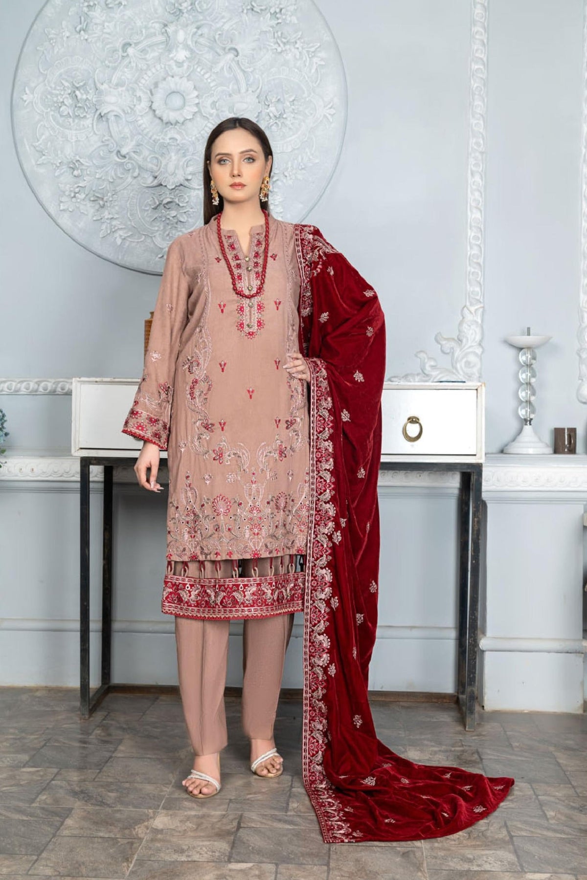 WP-119 | 3 PC Unstitched Suit Peach Embroidered Vol 1 Lajwanti By Wania