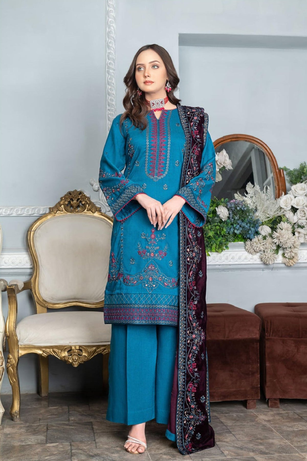 WP-114 | 3 PC Unstitched Suit Peach Embroidered Vol 1 Lajwanti By Wania