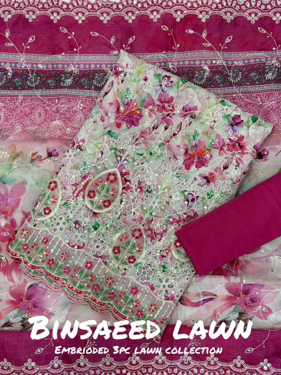 3-PC Unstitched Embroidered Lawn By Bin Saeed | BS-3