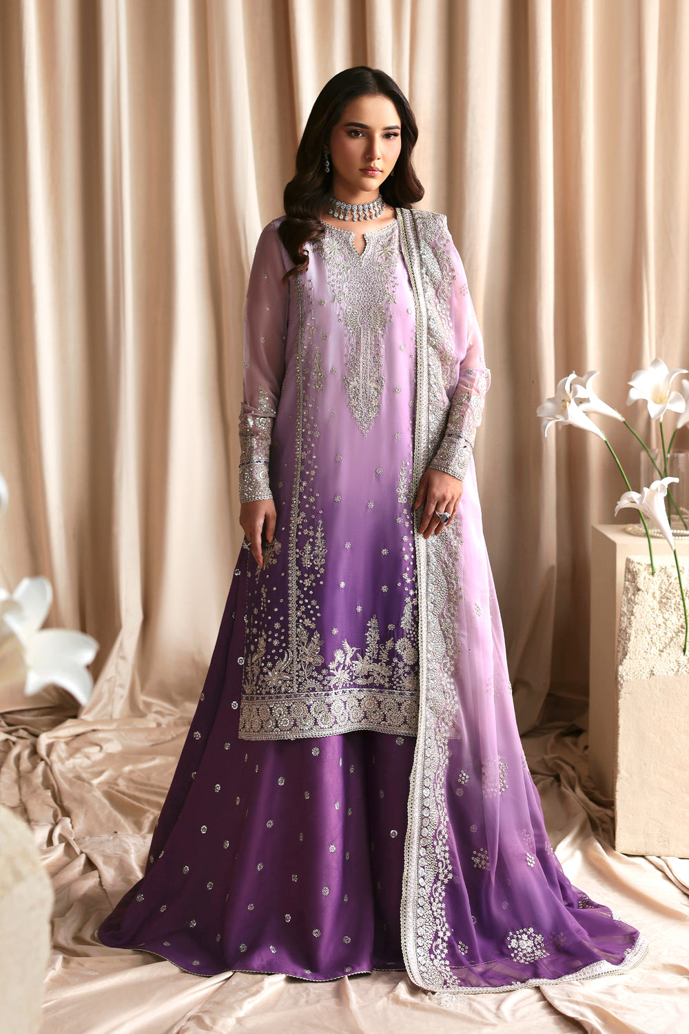 3Pc Sequins Embroidered Chiffon Unstitched Sharara Suit Nigah By Zarif
