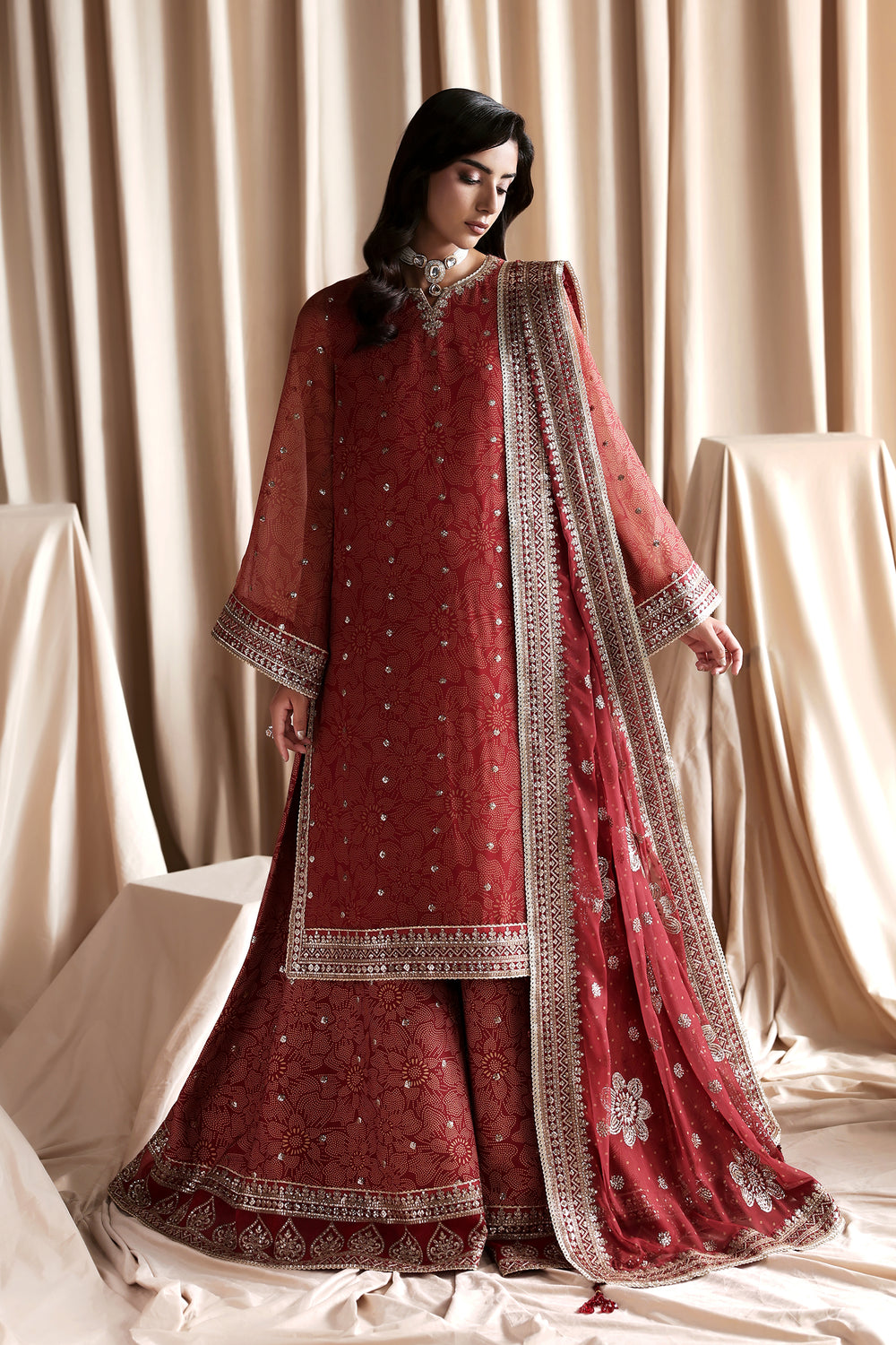 3Pc Sharara Suit – Sequins Embroidered Printed Chiffon Unstitched MAHEEN By Zarif