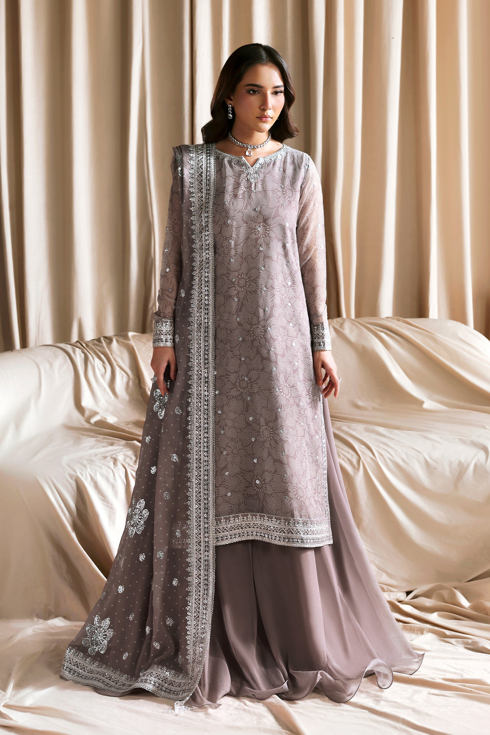 3Pc Sequins Embroidered Chiffon Unstitched Suit with Plain Chiffon Sharara SITARA By Zarif