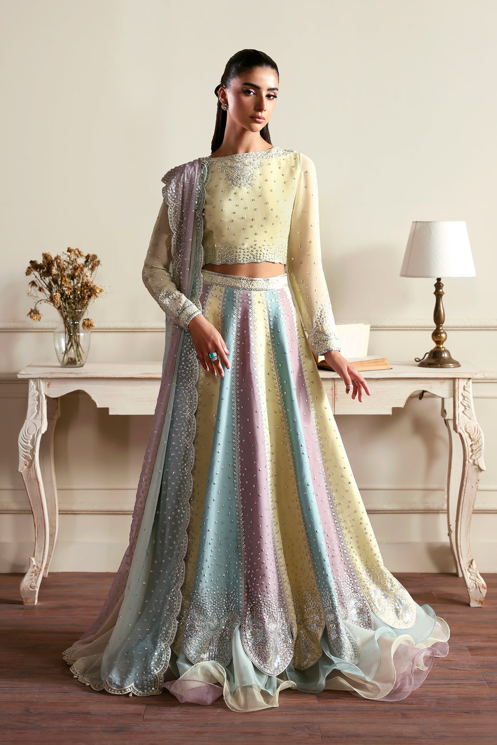 3Pc Sequins Embroidered Chiffon Unstitched Suit with Printed Dupatta Sonal By Zarif