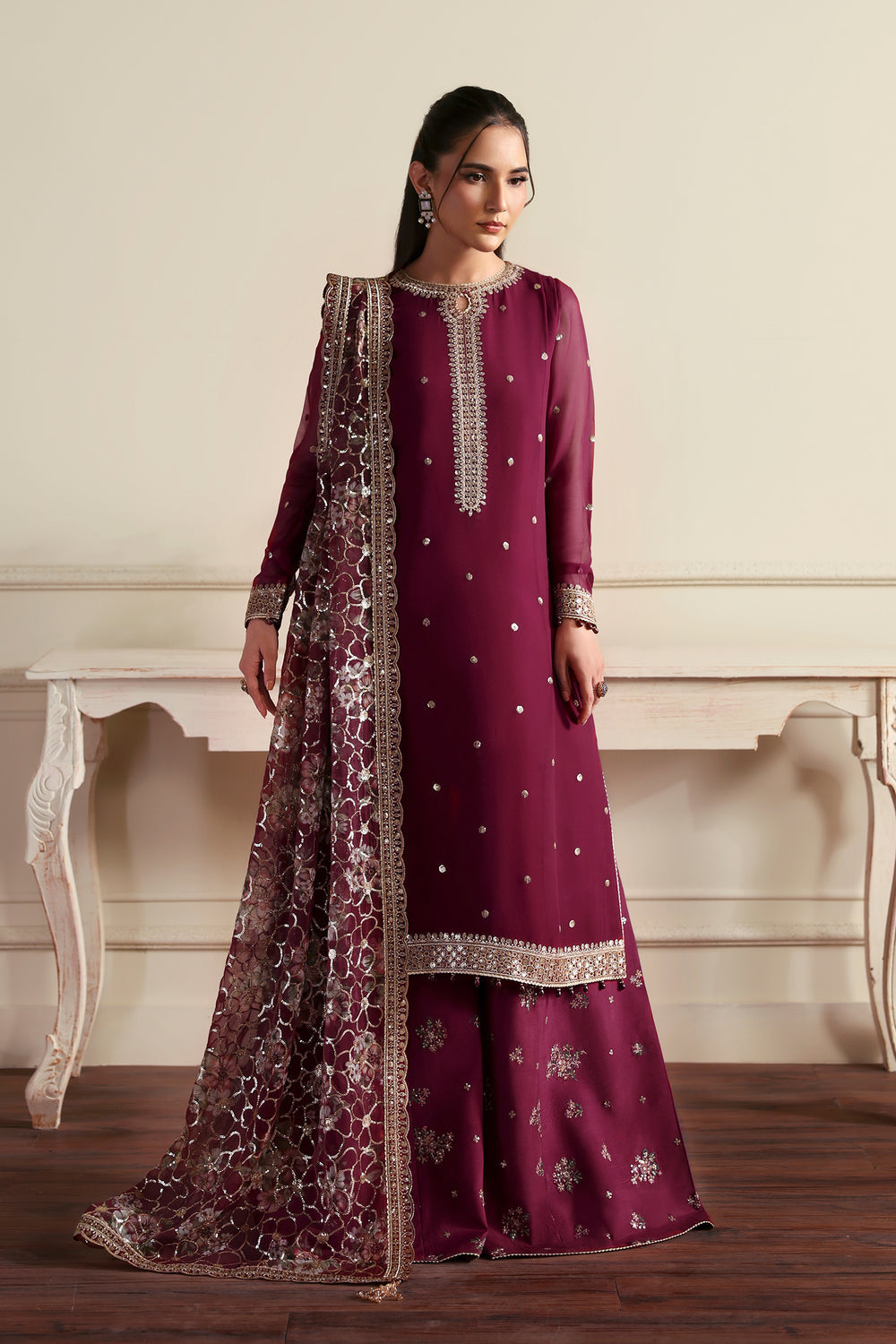3Pc Sharara Suit – Sequins Embroidered Chiffon Unstitched ARASH By Zarif