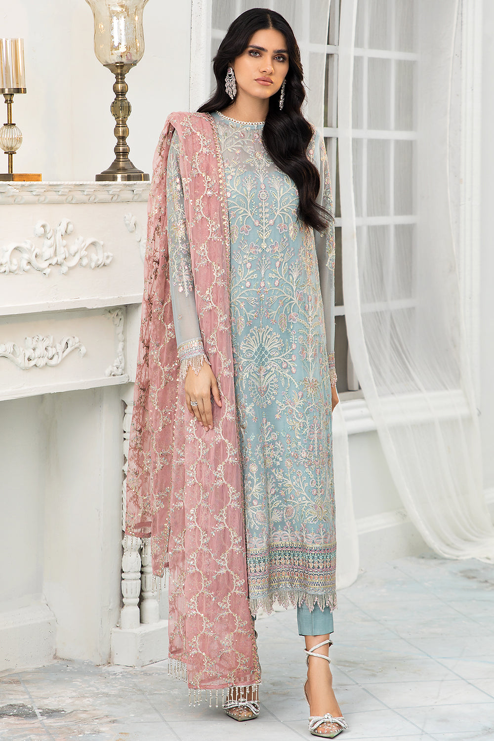 3-PC Unstiched Embroidered Chiffon By Zarif | Blue Mist