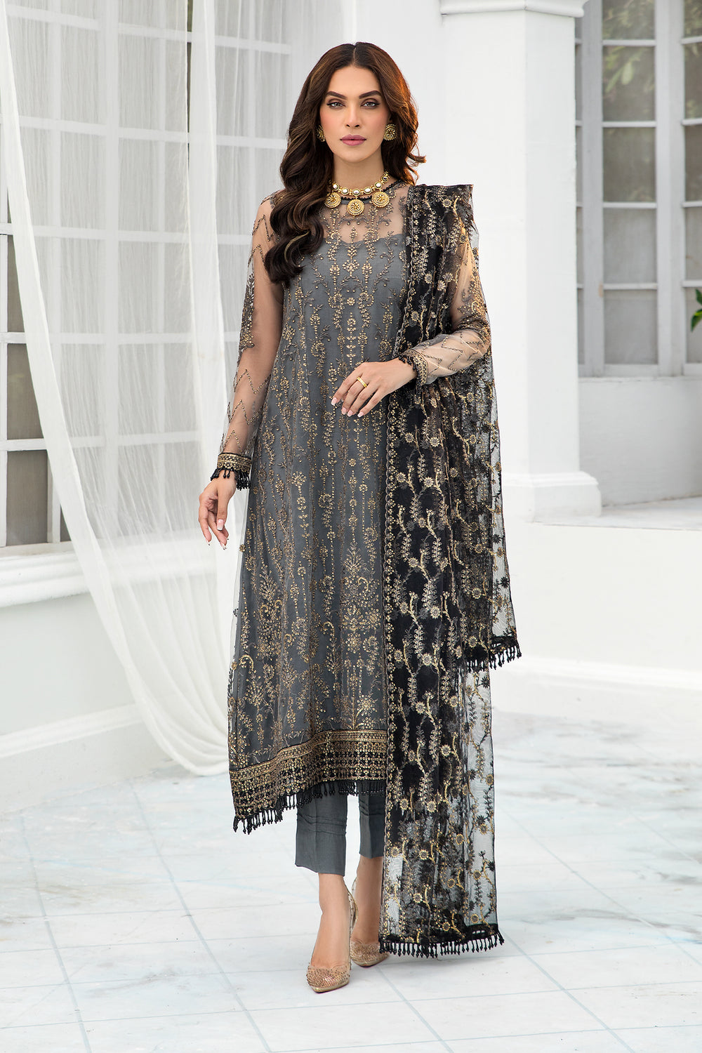 3-PC Unstiched Embroidered Chiffon By Zarif | Graphite