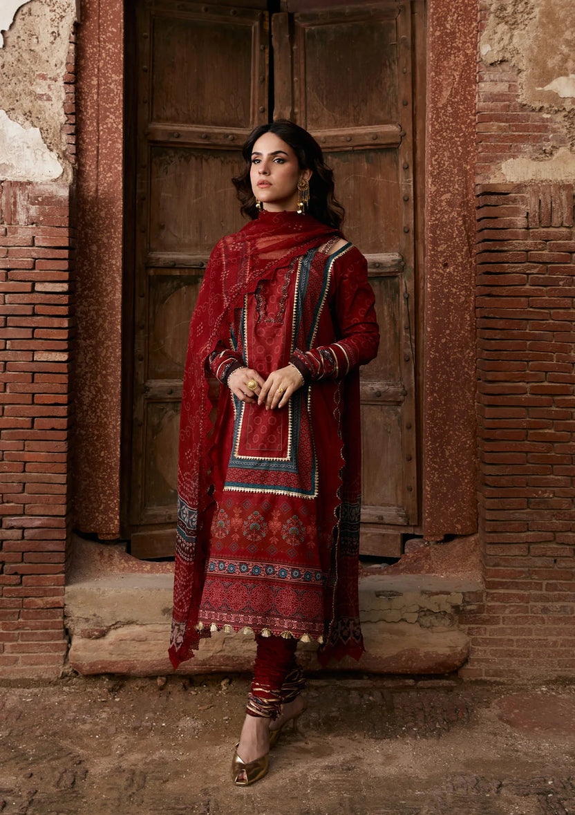 3-PC Unstitched Digital Printed Lawn Aangan By Kahf | SURKH NOOR