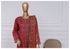 3-PC Stitched Embroidered Lawn Malika By sadabahar | D-01 Burgundy Red