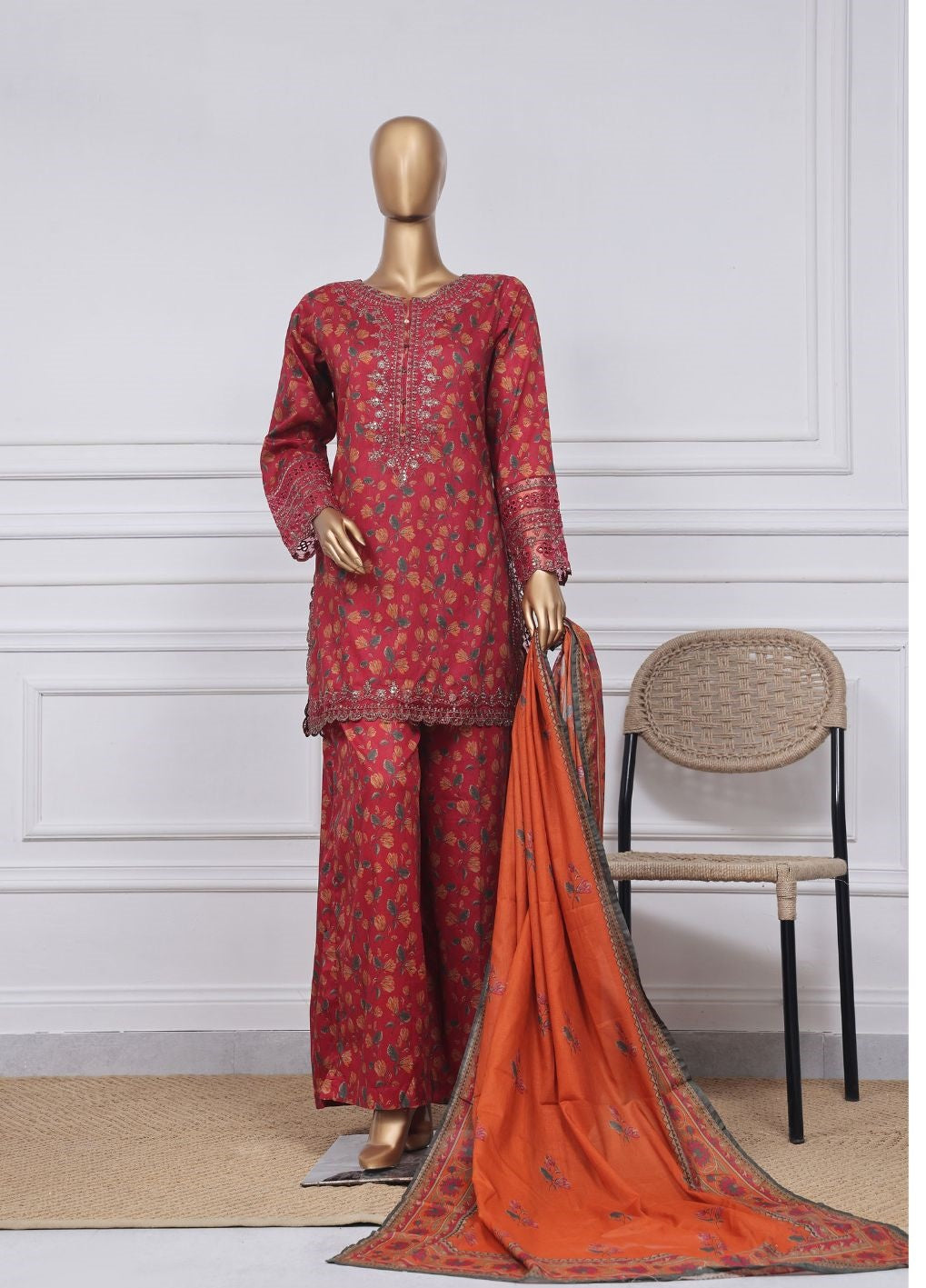 3-PC Stitched Embroidered Lawn Malika By sadabahar | D-01 Burgundy Red