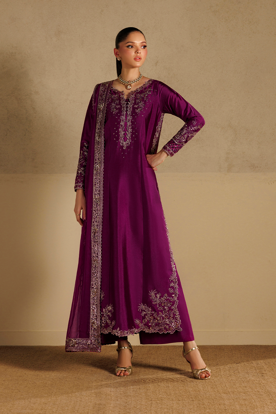 3Pc Suit – Embroidered Sheesha Silk Unstitched with Chiffon Dupatta By Iznik