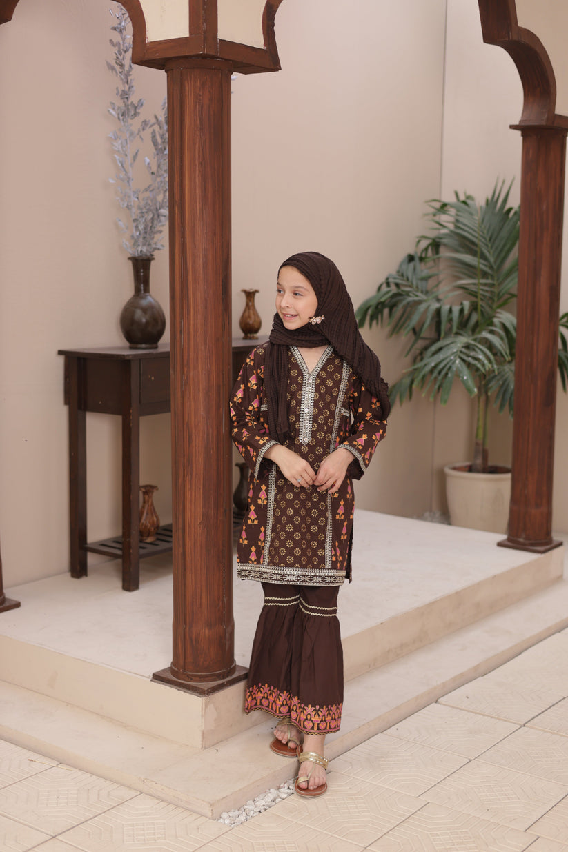 3-PC Stitched Embroidered Eid Signature By Suntex Fabrics | Brown