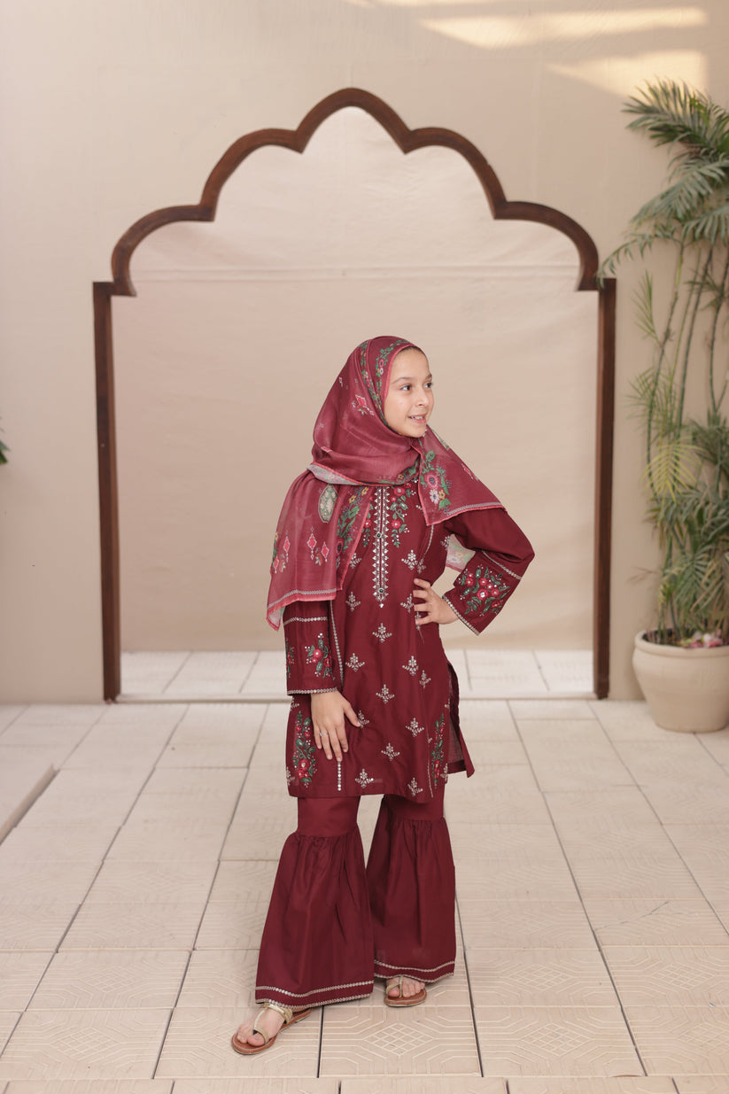 3-PC Stitched Embroidered Eid Signature By Suntex Fabrics | Burgundy
