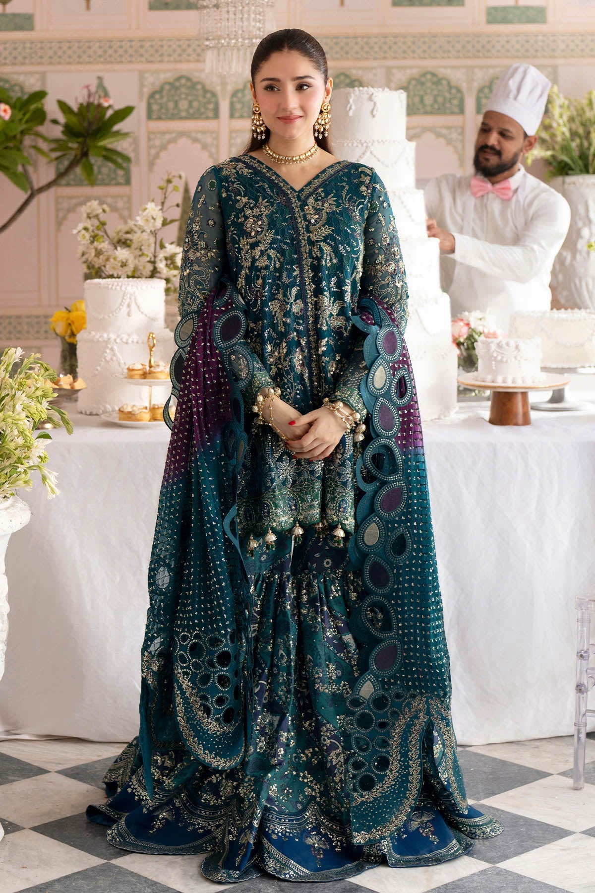 3Pc Embroidered Chiffon Unstitched Suit with Printed Silk Trouser By Nureh