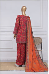 3-PC Stitched Embroidered Lawn Malika By sadabahar | D-01 Burgundy Red