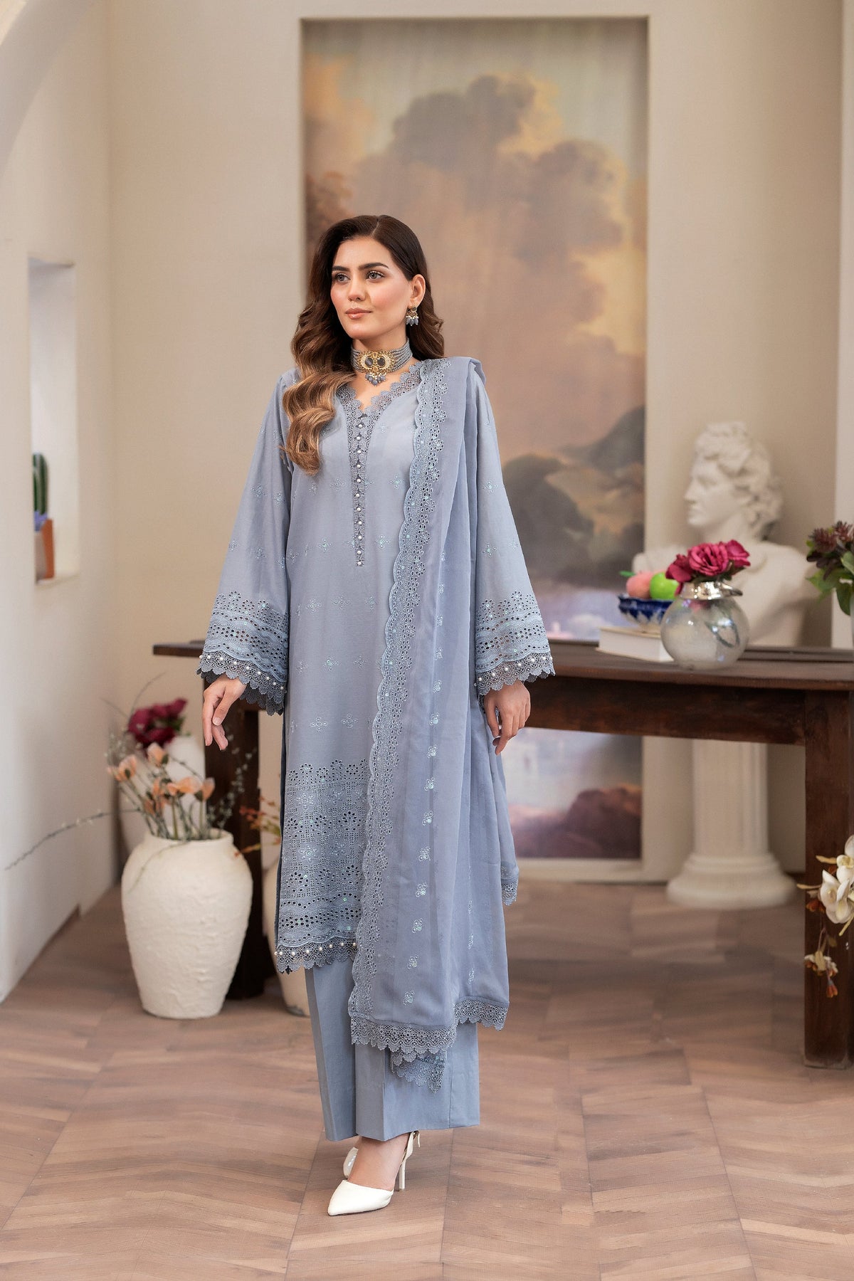3-PC Unstitched Lawn Embroidered Crinkle Embroidered Dupatta Andaz By Wania | WL-405