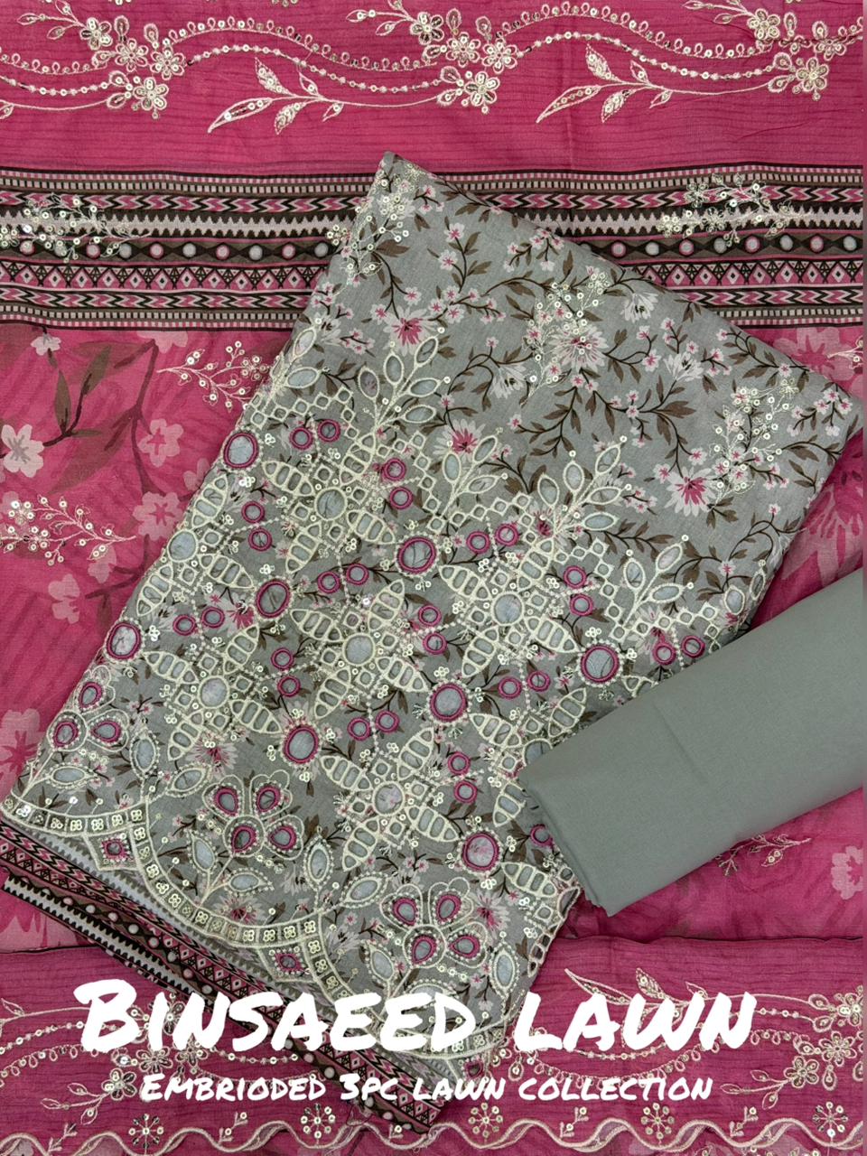 3-PC Unstitched Embroidered Lawn By Bin Saeed | BS-9