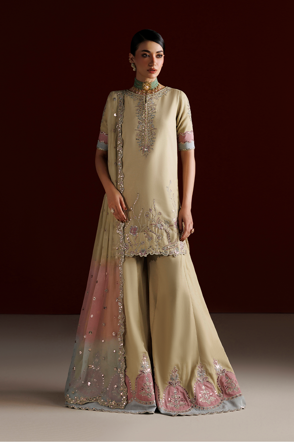 3Pc Embroidered Chiffon Unstitched Sharara Suit By Iznik