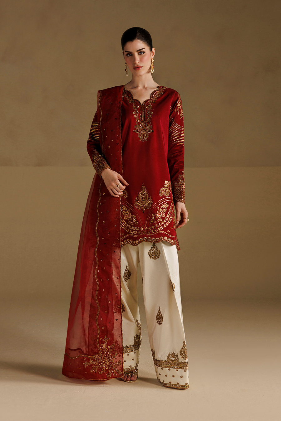 3Pc Suit – Embroidered Ramen Silk Unstitched with Organza Dupatta By Iznik
