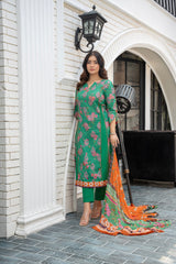 3-PC Unstitched Lawn Print Embroidered Crinkle Printed Dupatta Muskari By Wania | Wl-490