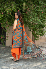 3-PC Unstitched Lawn Print Embroidered Crinkle Printed Dupatta Muskari By Wania | Wl-493