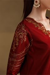 3Pc Suit – Embroidered Ramen Silk Unstitched with Organza Dupatta By Iznik