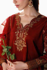 3Pc Suit – Embroidered Ramen Silk Unstitched with Organza Dupatta By Iznik