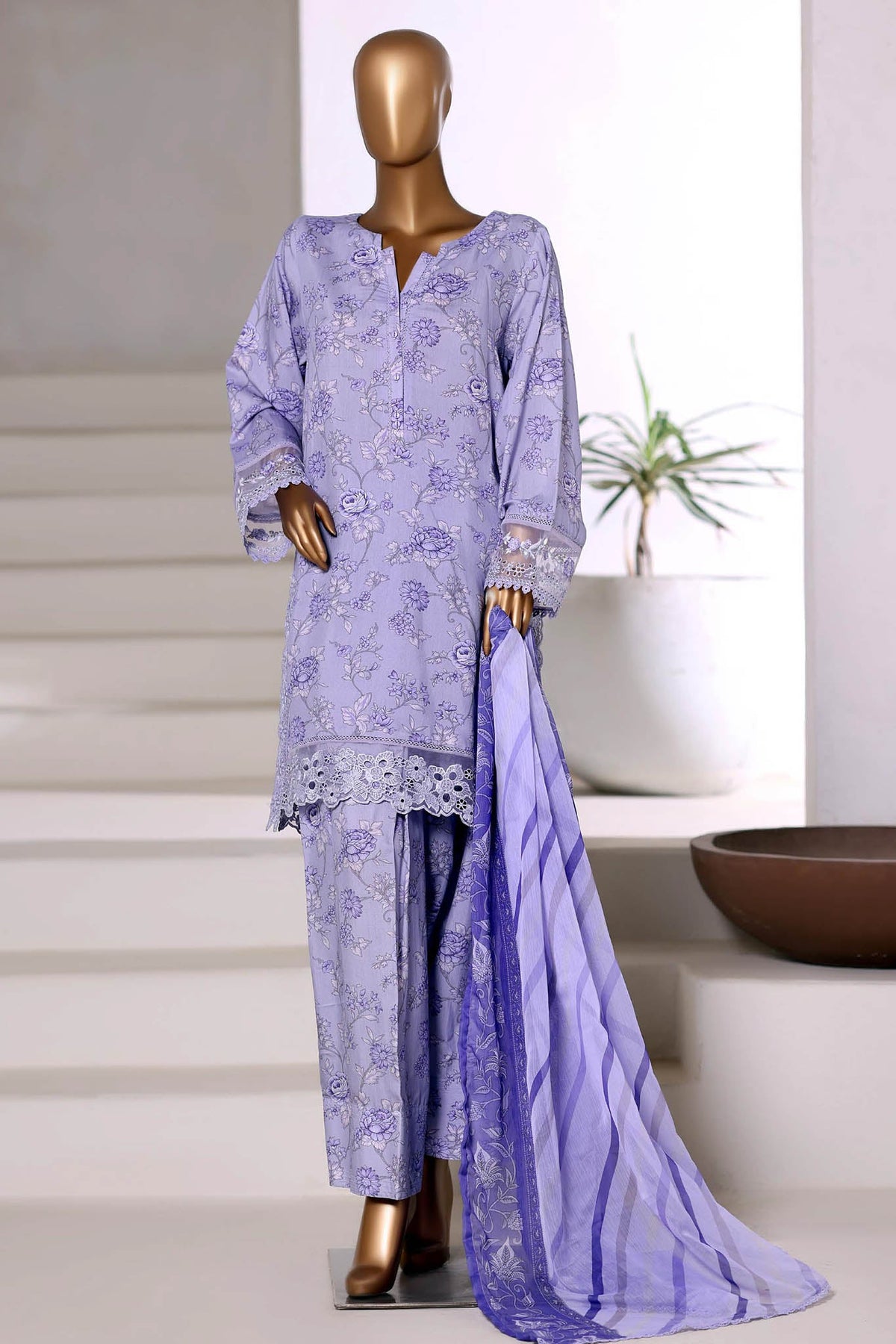 3-PC Stitched Printed Viscose By Sadabahar | Purple