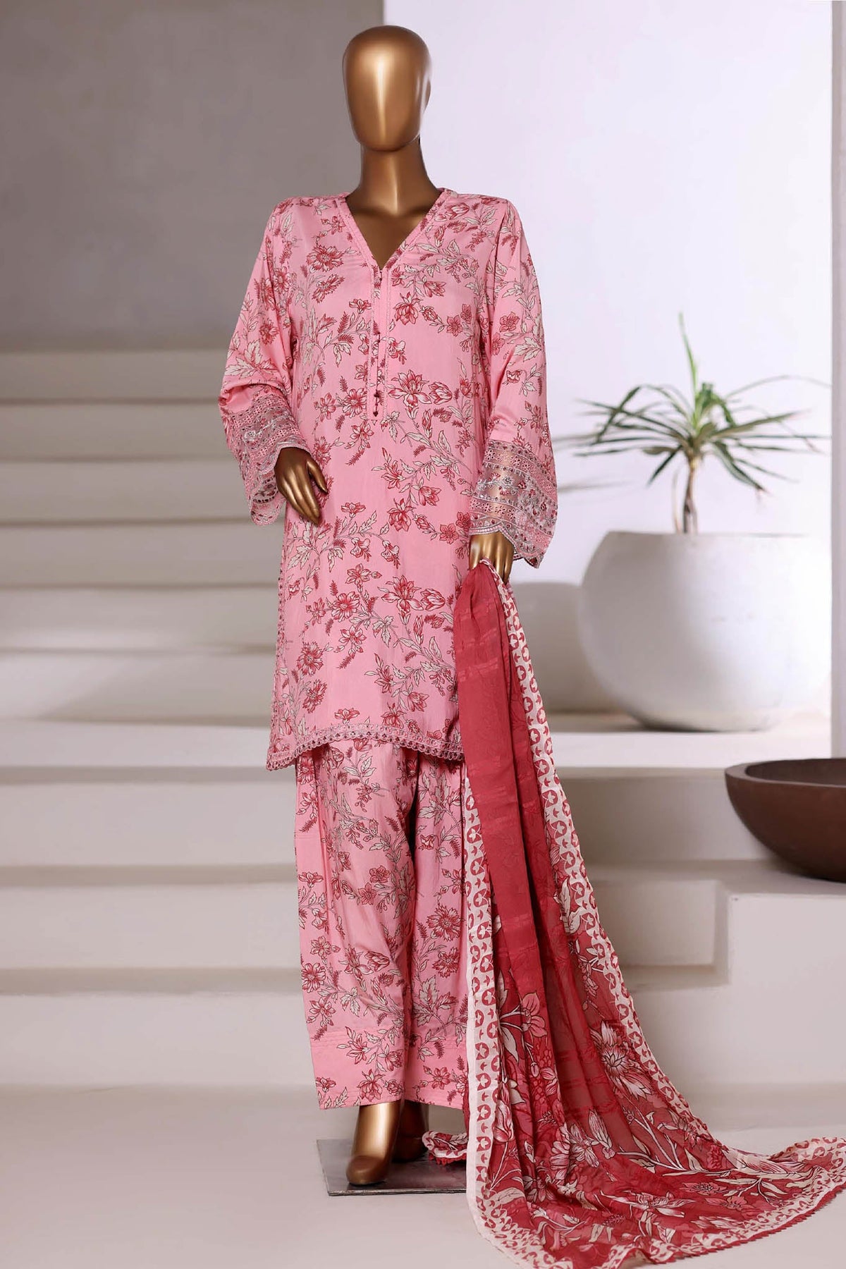 3-PC Stitched Printed Viscose By Sadabahar | Pink