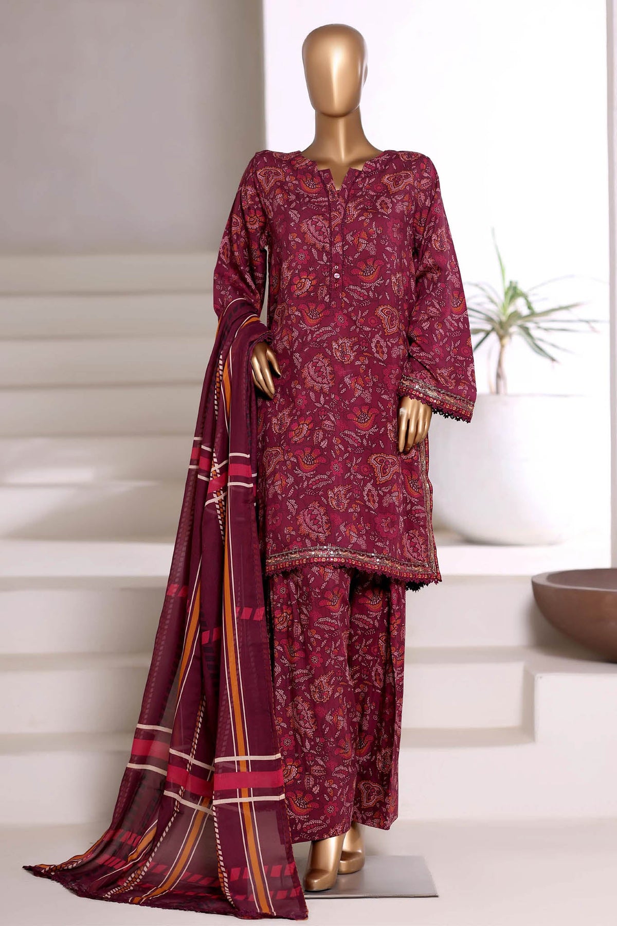 3-PC Stitched Printed Viscose By Sadabahar | Maroon
