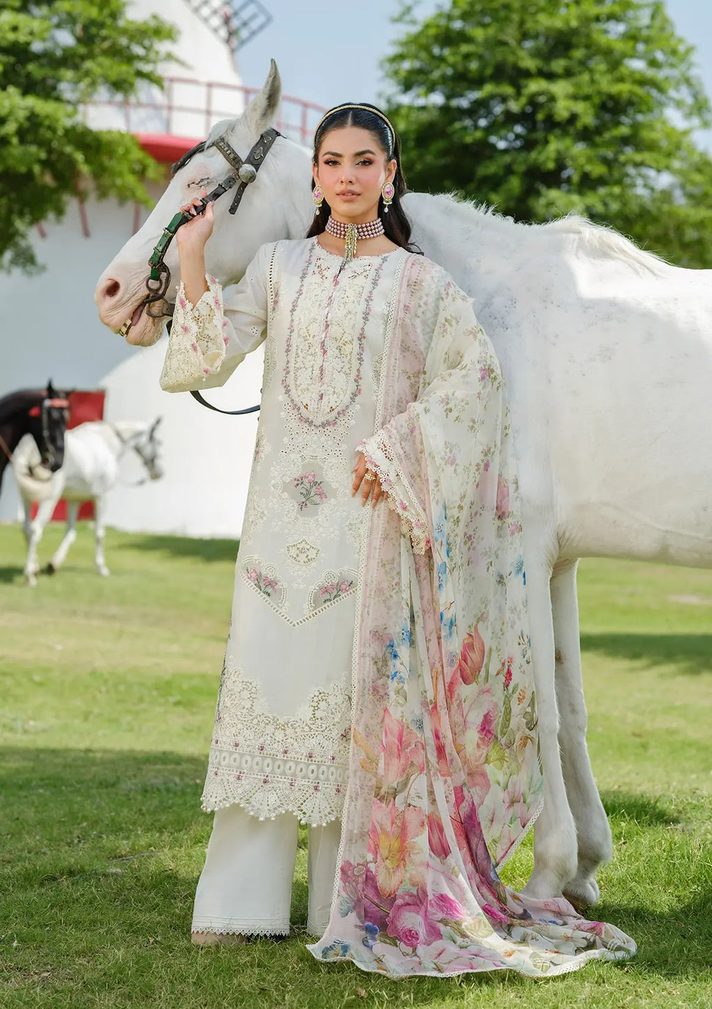 3-PC Unstitched Embordered Luxury Lawn By Elaf | ELH-7A WHITE EMPRESS