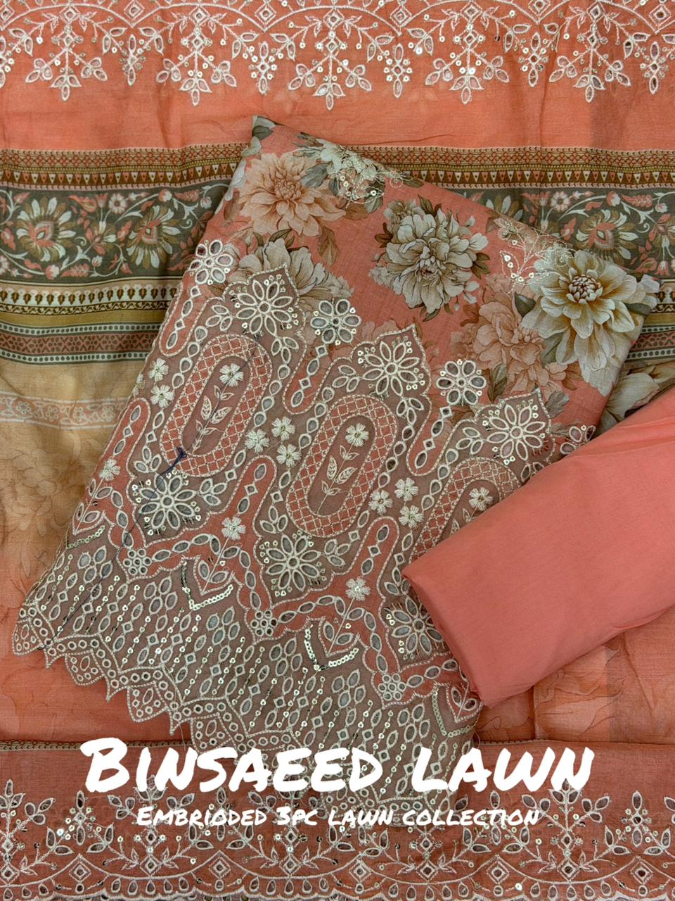 3-PC Unstitched Embroidered Lawn By Bin Saeed | BS-4