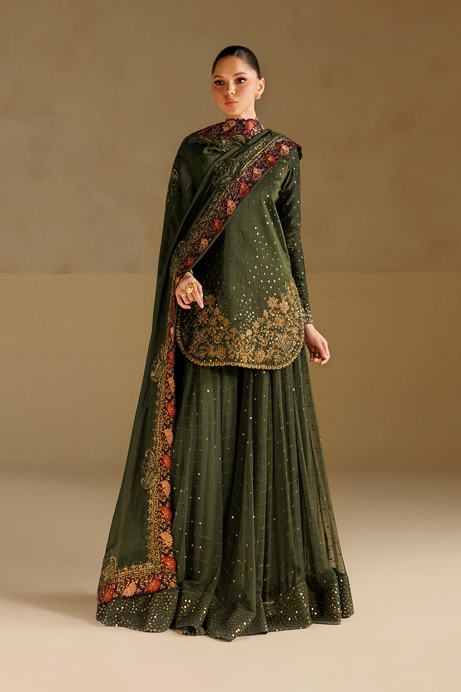 3Pc Sharara Suit – Embroidered Ramen Silk Unstitched By Iznik