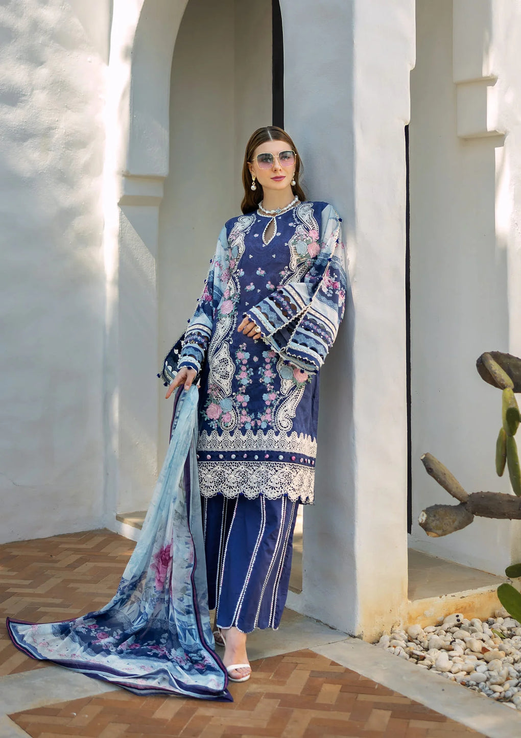 ETS-06A LONDON BLUES | 3PC Unstitched Suit Embroidered Lawn Signature By Elaf Premium