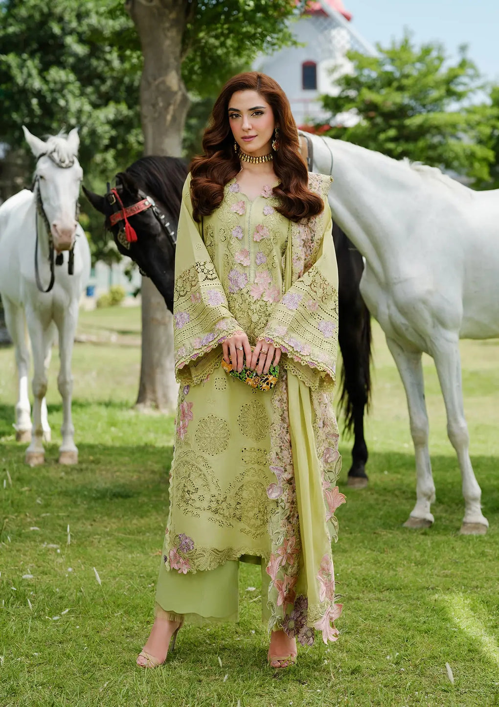3-PC Unstitched Embordered Luxury Lawn By Elaf | ELH-1A PISTACIA