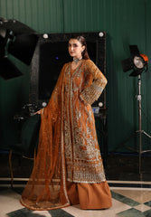 3-PC Unstitched Embroidered Organza Stardum Foirmals By Elaf Premium | ESH-09 SAFFRON