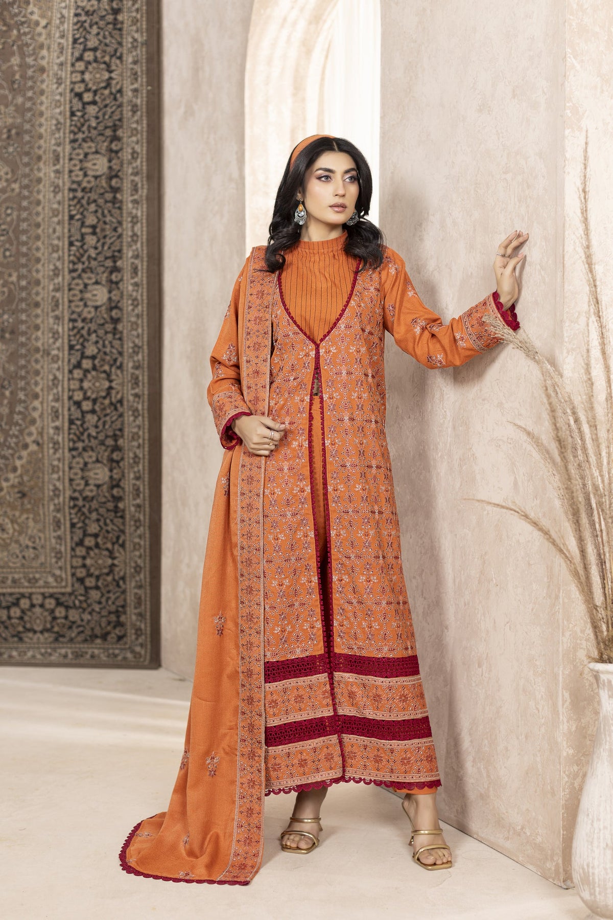 WP-601 | 3 PC Unstitched Suit Peach Embroidered Winter Collection Vol 1 Mah-E-Noor By Wania