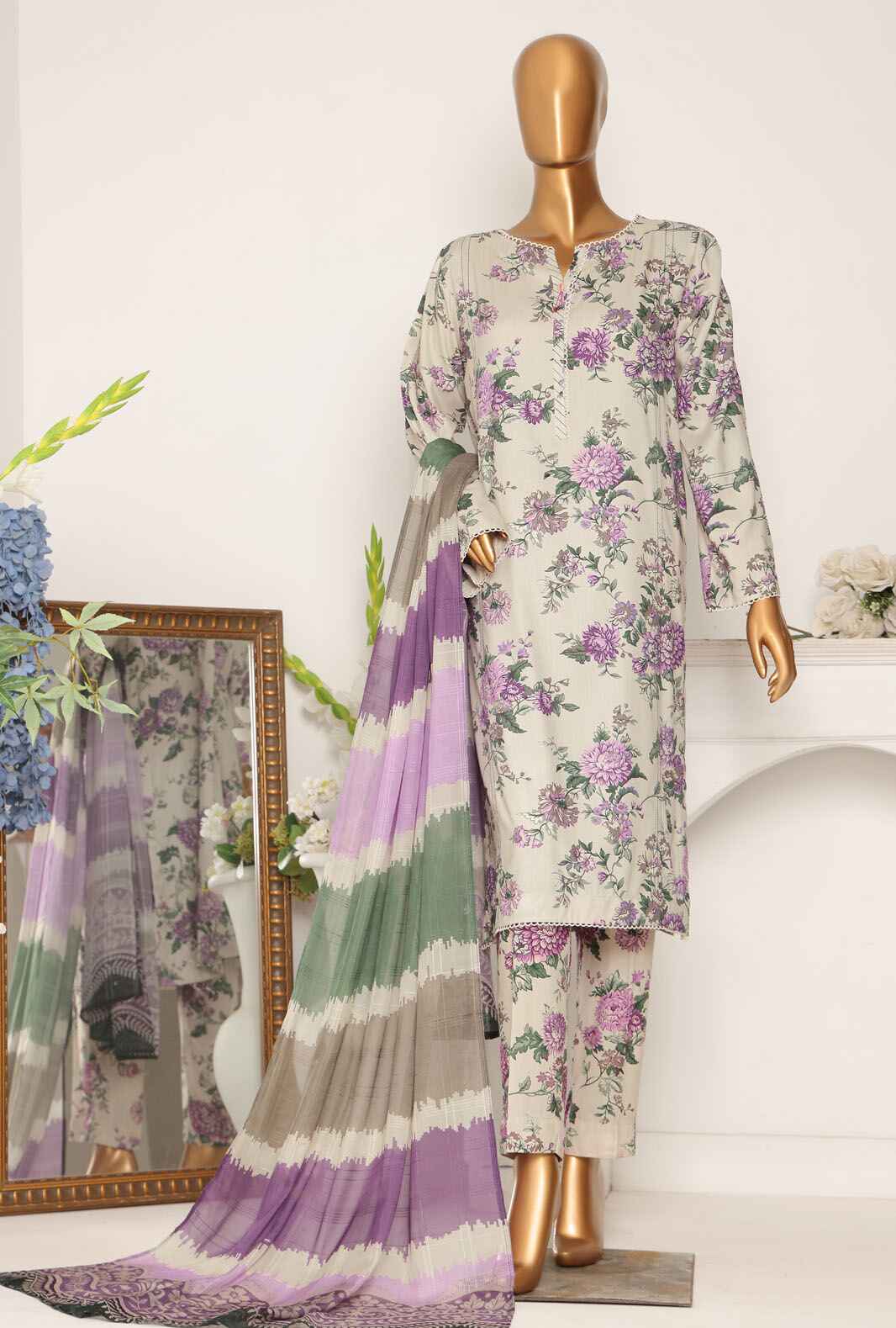 LWP-1061 | 3Pc Unstitched Suit Digital Printed Linen Wintry By Hz Textiles