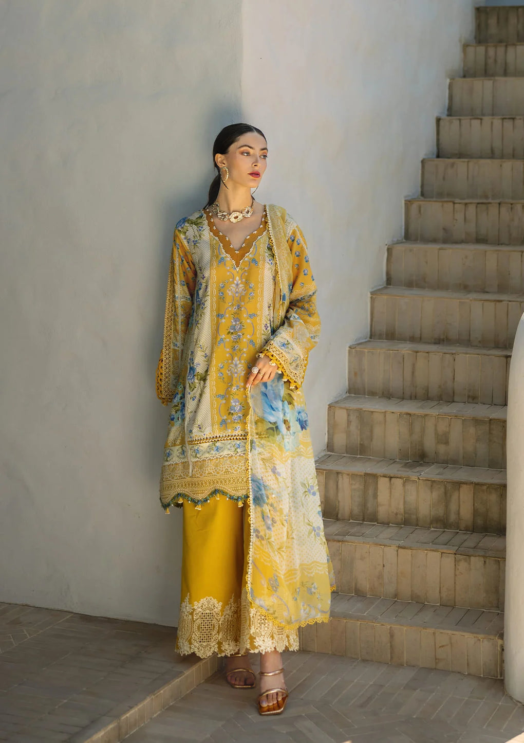 ETS-03B SUNGLOW | 3PC Unstitched Suit Embroidered Lawn Signature By Elaf Premium