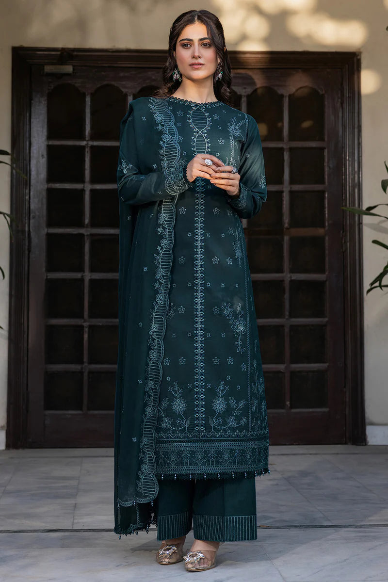 Teal Serenity | 3Pc Unstitched Suit Embroidered Lawn 25 Bahar By Farasha