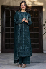 Teal Serenity | 3Pc Unstitched Suit Embroidered Lawn 25 Bahar By Farasha