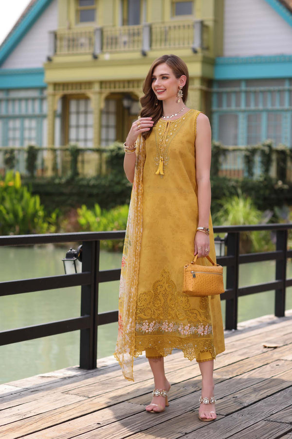 3-PC Unstitched Embroidered Lawn Noor By Saadi Asad | D3- Mustard Yellow