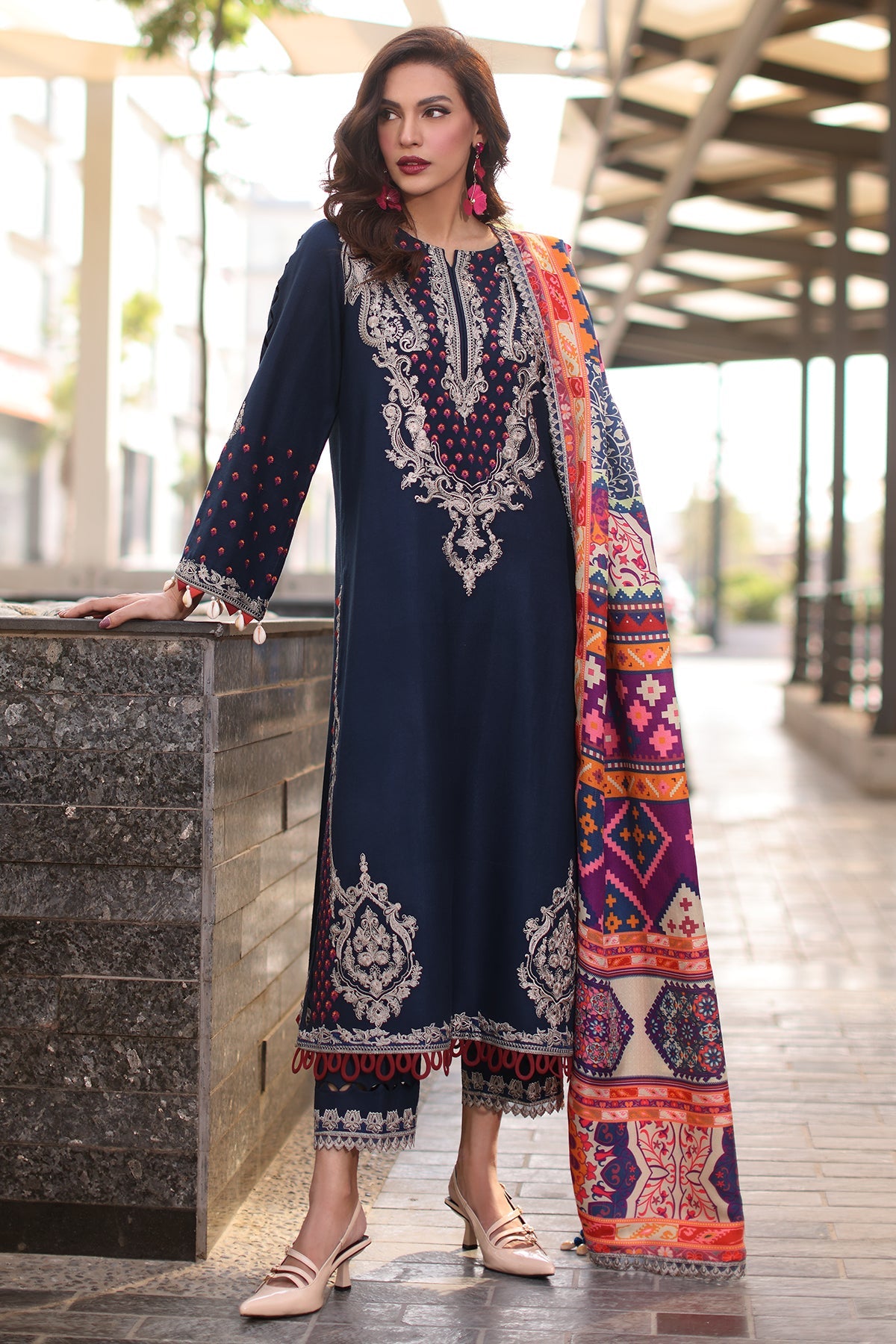 PS4-14 | Unstitched Suit Winter Embroidered Leather With Printed Wool Shawl Poshima By Charizma