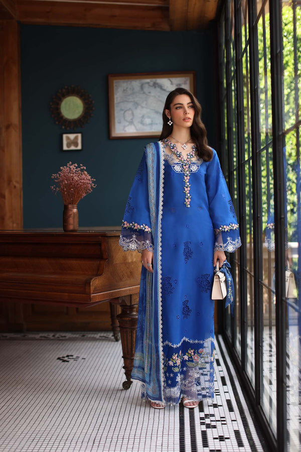 3-PC Unstitched Schiffli Embroidered Lawn Noor By saadia Asad | D4- Ink Blue
