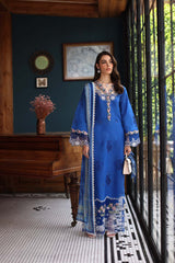 3-PC Unstitched Schiffli Embroidered Lawn Noor By saadia Asad | D4- Ink Blue