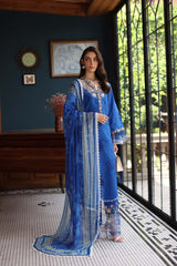 3-PC Unstitched Schiffli Embroidered Lawn Noor By saadia Asad | D4- Ink Blue