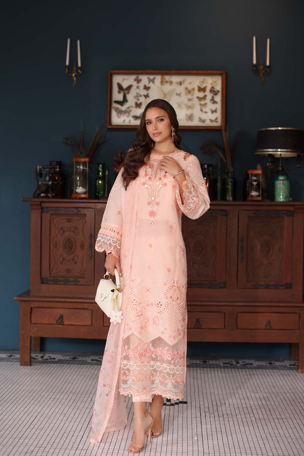 3-PC Unstitched Schiffli Embroidered Lawn Noor By saadia Asad | D6- Peach