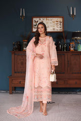 3-PC Unstitched Schiffli Embroidered Lawn Noor By saadia Asad | D6- Peach
